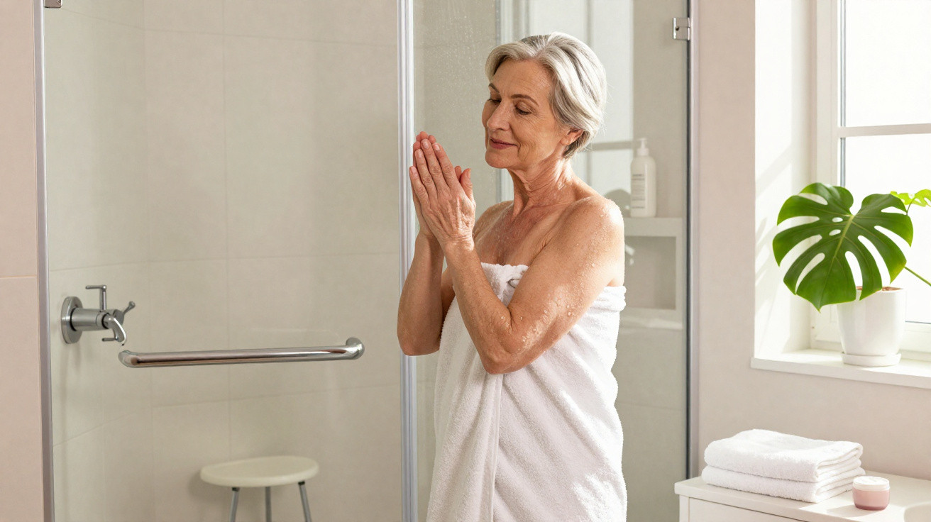 Mature woman wrapped in a towel applying lotion in a bright, modern bathroom near a shower and plant.
