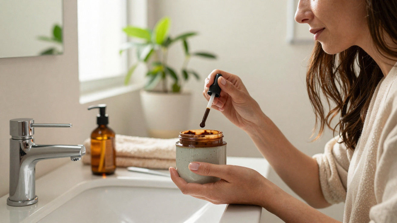 Woman holding jar and dropper with brown skincare product in bathroom by sink and plant in background.