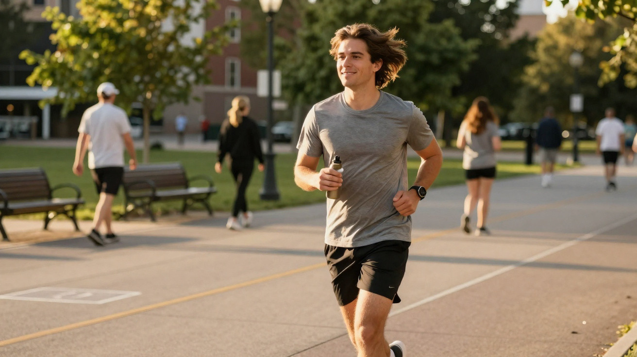 Young man jogging on a sunny day in a park with other people walking and running nearby.