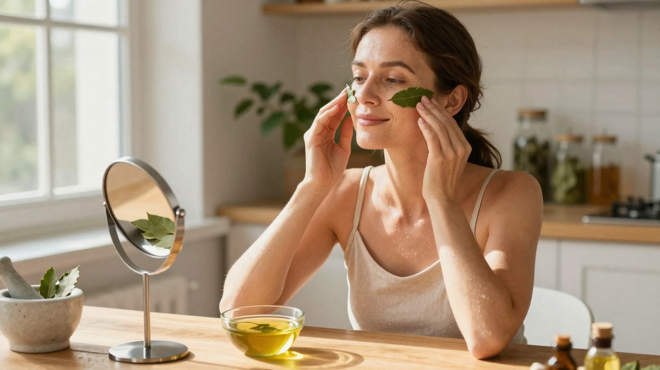 Woman applying green leaves to her face at a wooden table with natural skincare products and mirror.