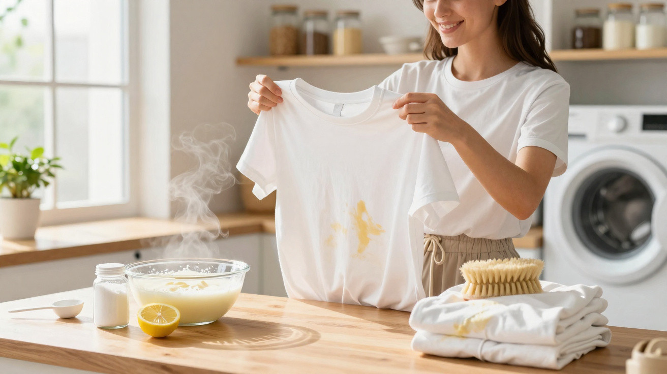 Woman holding a white T-shirt with a yellow stain, preparing to clean it with natural ingredients and brushes.