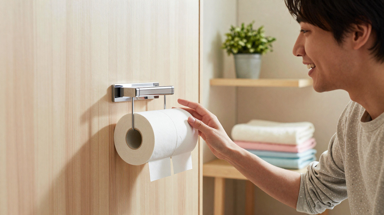 A man smiling and reaching for a roll of toilet paper on a wall-mounted holder in a bathroom.