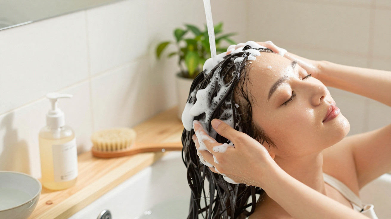 Woman washing long dark hair with shampoo in a bathroom with bath brush and soap dispenser in the background.