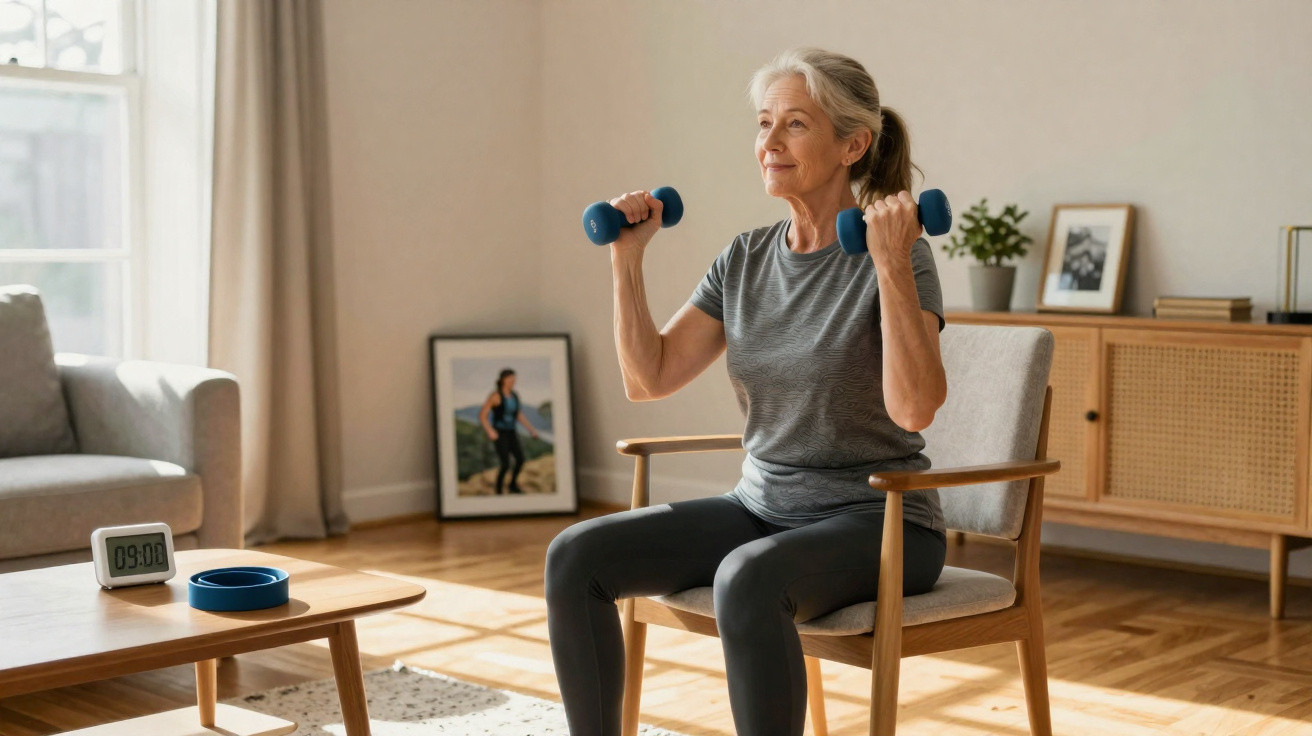 Older woman exercising with dumbbells while sitting on a chair in a bright living room.