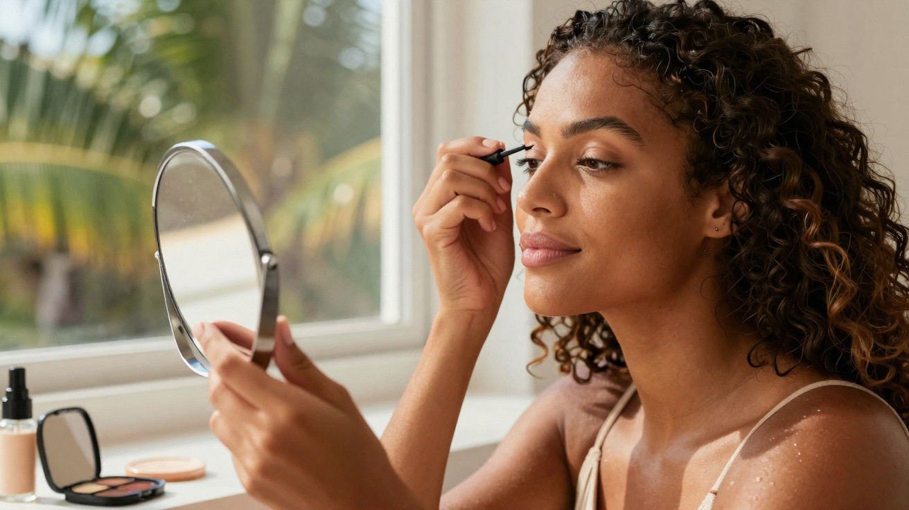 Young woman applying mascara while looking into a handheld mirror by a window with palm trees outside.