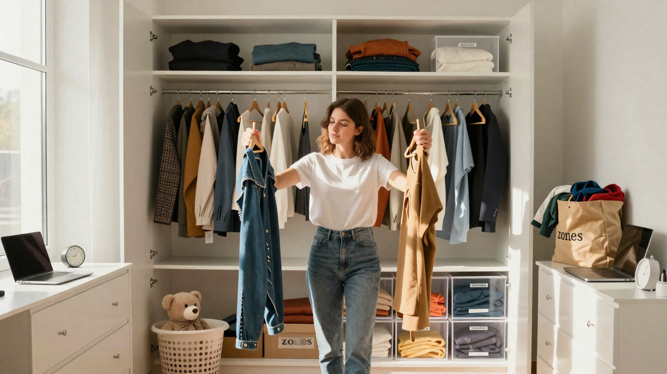 Woman holding clothes in a well-organised wardrobe with folded clothes and hanging jackets and shirts.
