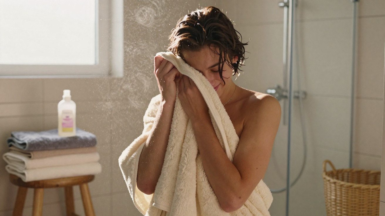 Person drying their face with a towel in a sunlit bathroom near a stool with folded towels and toiletries.