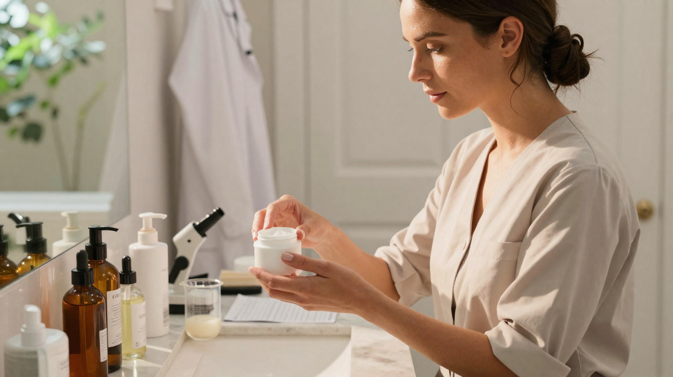 Woman in a beige robe opening a white skincare cream jar at a bathroom counter with various bottles and a microscope.