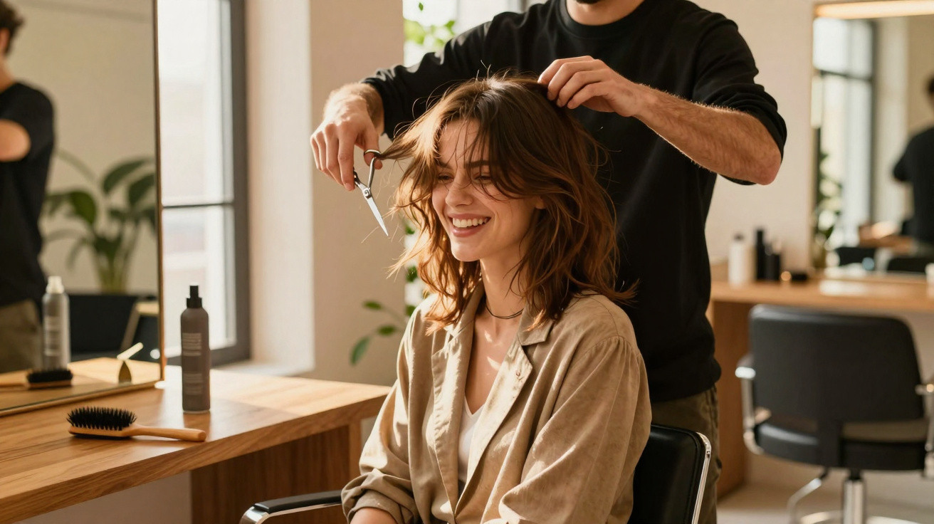Woman smiling while getting a haircut from a stylist in a modern hair salon with wooden counters.
