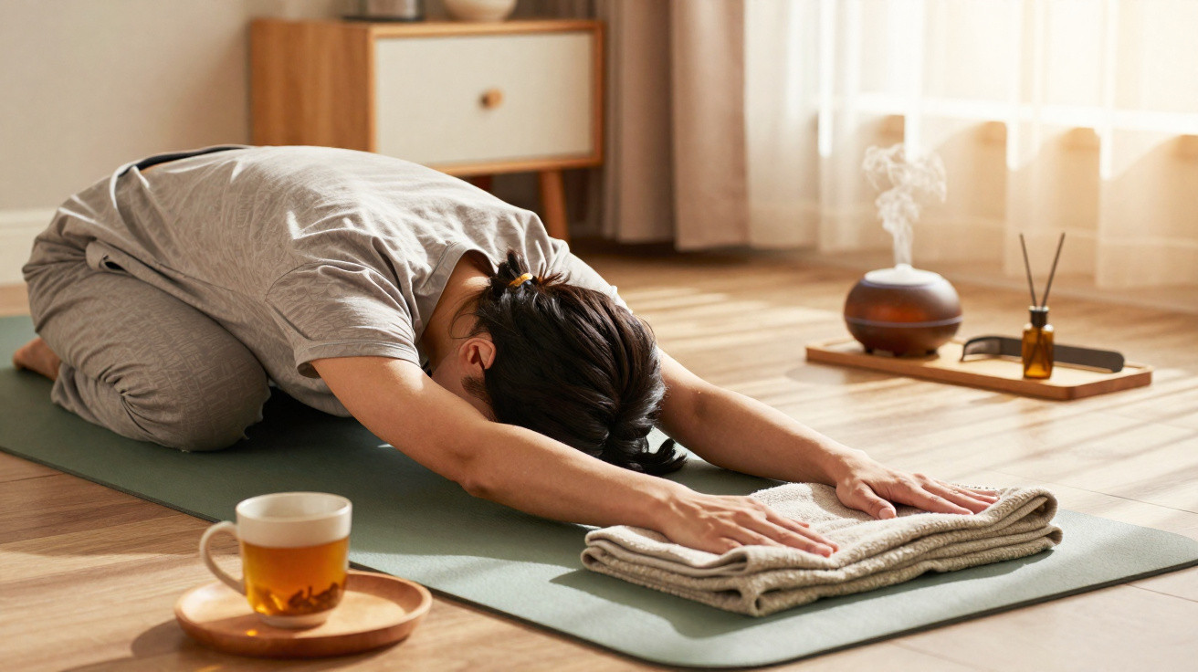 Person in grey loungewear stretching on a yoga mat in a sunlit room with a cup of tea nearby.
