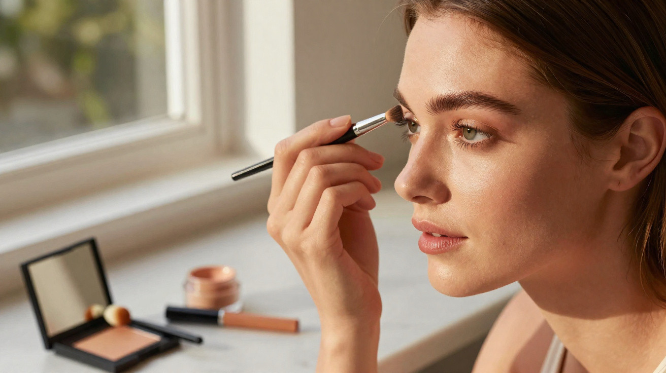 Young woman applying eyeshadow with a makeup brush near a window with cosmetic products on the table.