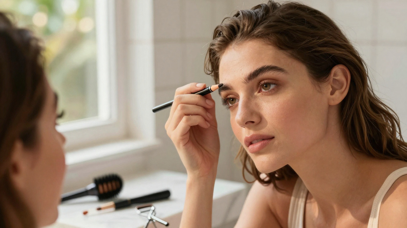 Young woman applying eyebrow pencil while looking in bathroom mirror with makeup tools on counter.