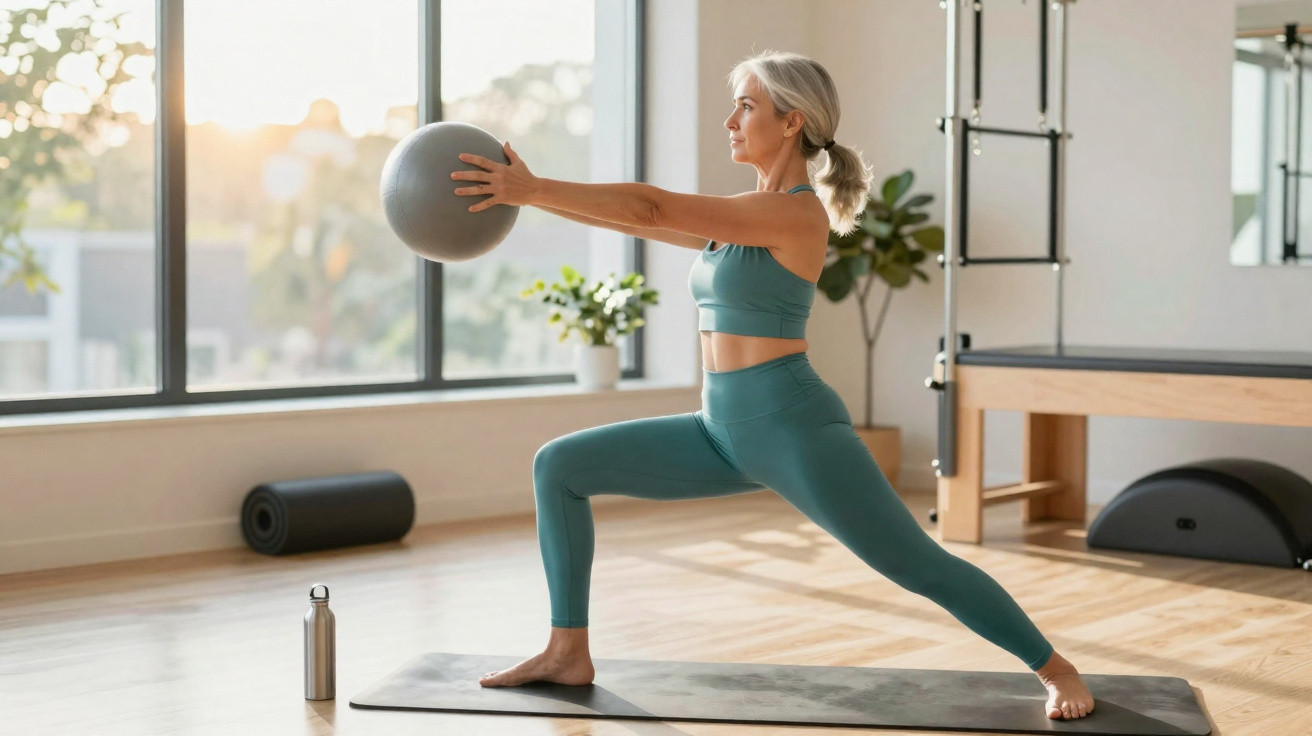 Mature woman in teal activewear performing a lunge exercise holding a medicine ball in a bright gym.