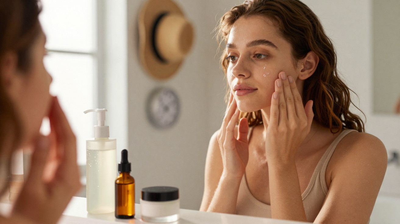Young woman applying serum to her face while looking in a bathroom mirror with skincare products on the counter.