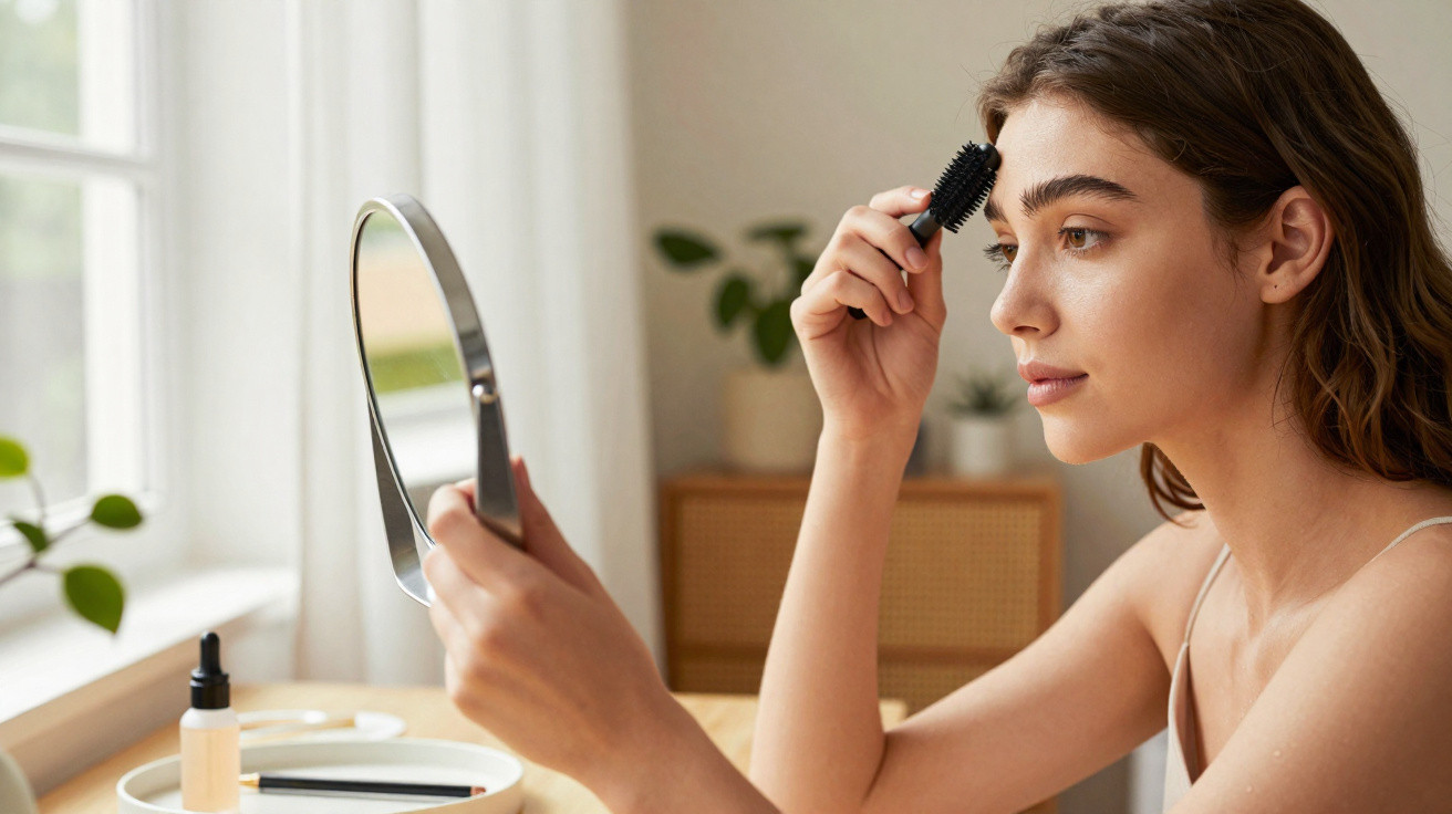 Young woman grooming eyebrows with a brush while looking into a handheld mirror in a bright room.