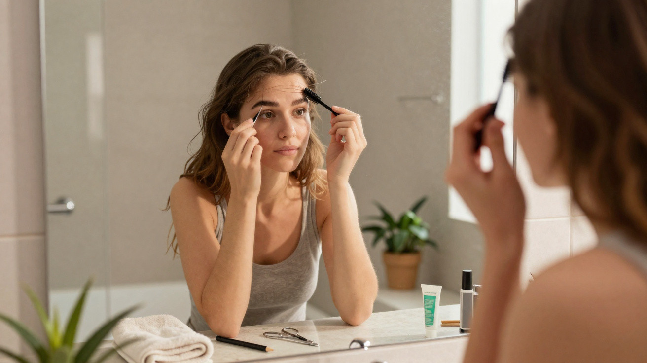 Young woman applying eyebrow makeup while looking in bathroom mirror with beauty tools on the counter