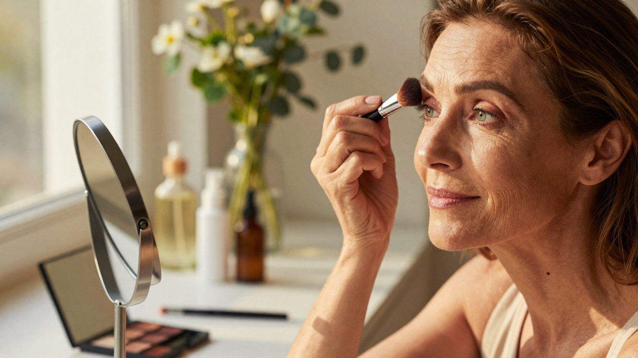 Middle-aged woman applying makeup with a brush in front of a mirror on a bright windowsill.
