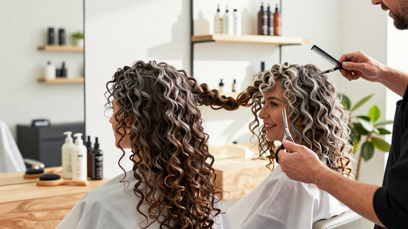 Hairdresser cutting and styling curly hair of a smiling woman in a modern salon.