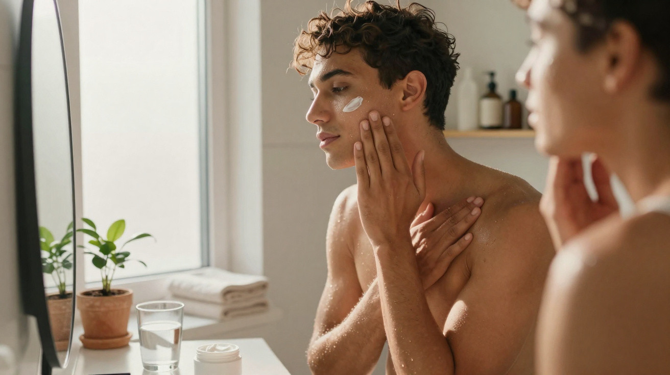 Young man applying face cream in front of bathroom mirror with skincare products on the counter.