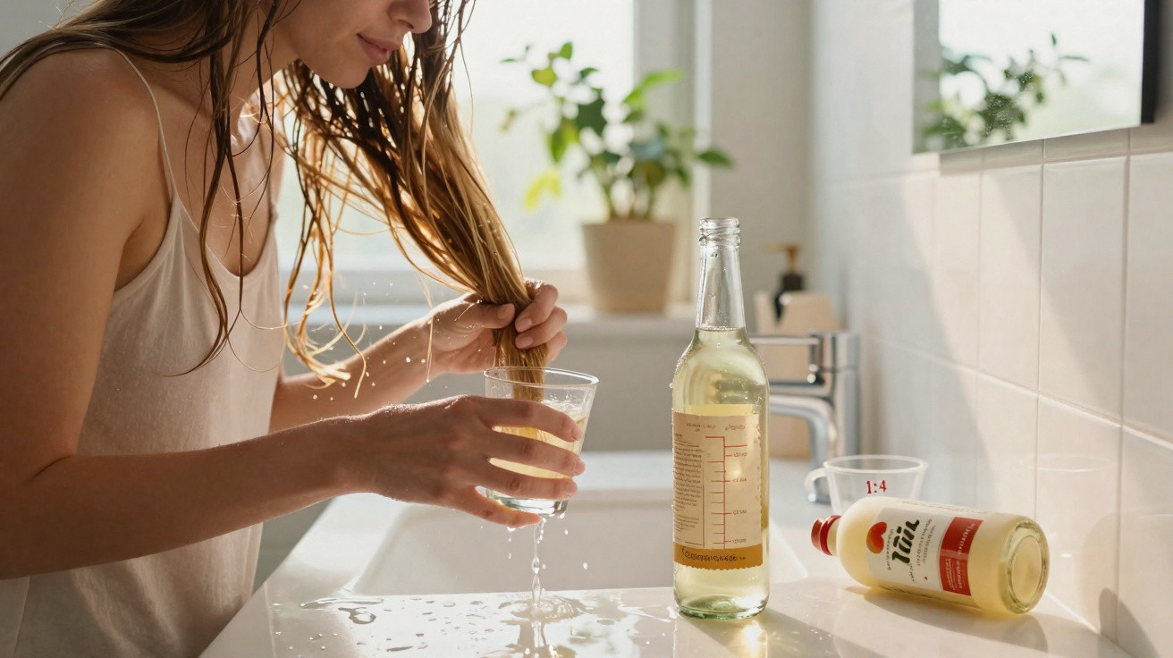Woman rinsing wet hair over sink with glass, bottle, and hair care products on bathroom counter.
