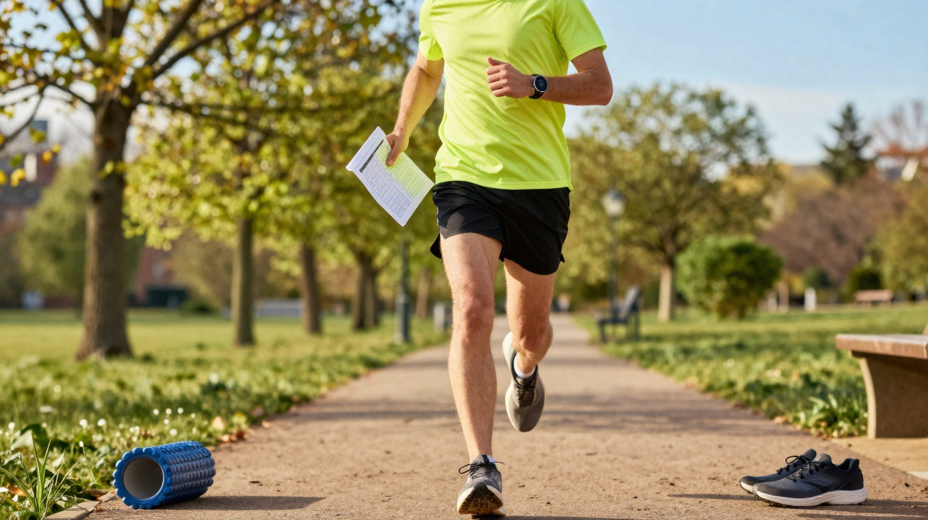 Person jogging on a park path holding a paper, with a foam roller and shoes on the ground nearby.
