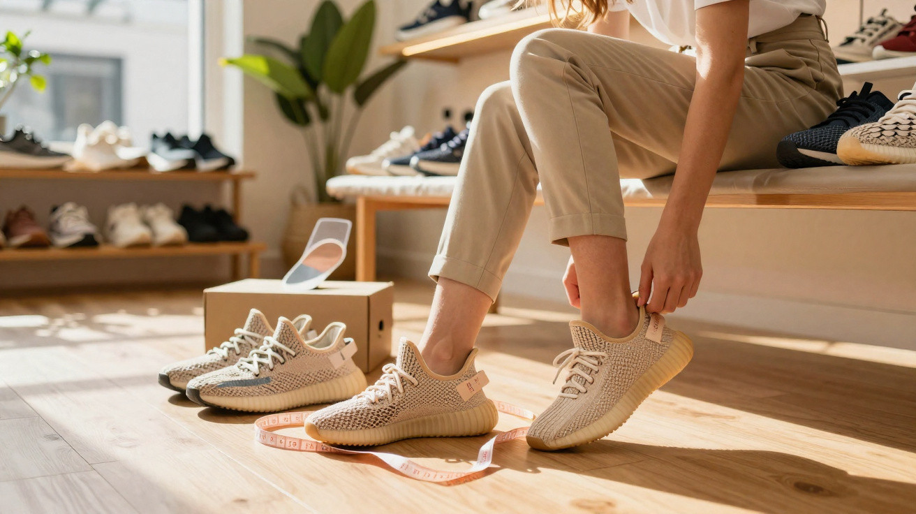 Person sitting on a bench trying on beige knitted sneakers in a bright shoe store with other shoes displayed.