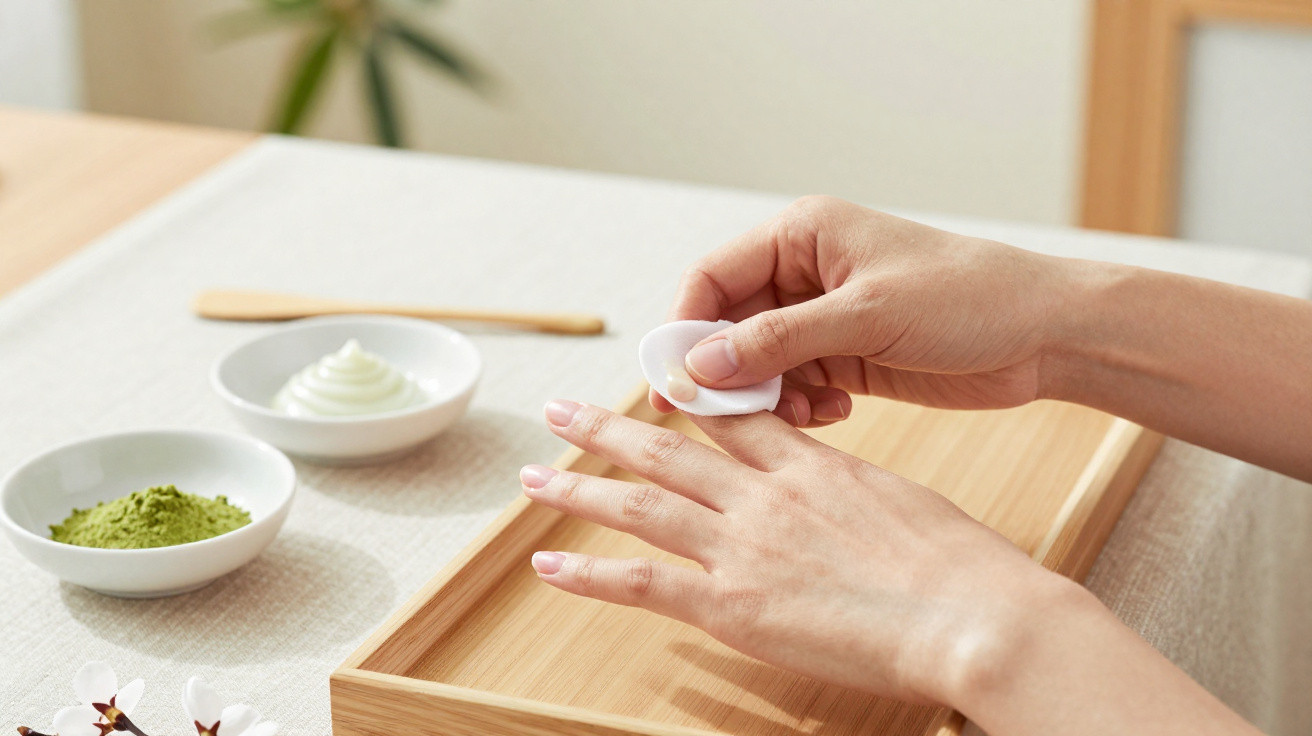Person applying cream on hand with wooden tray, green powder, and cream in white bowls on table.