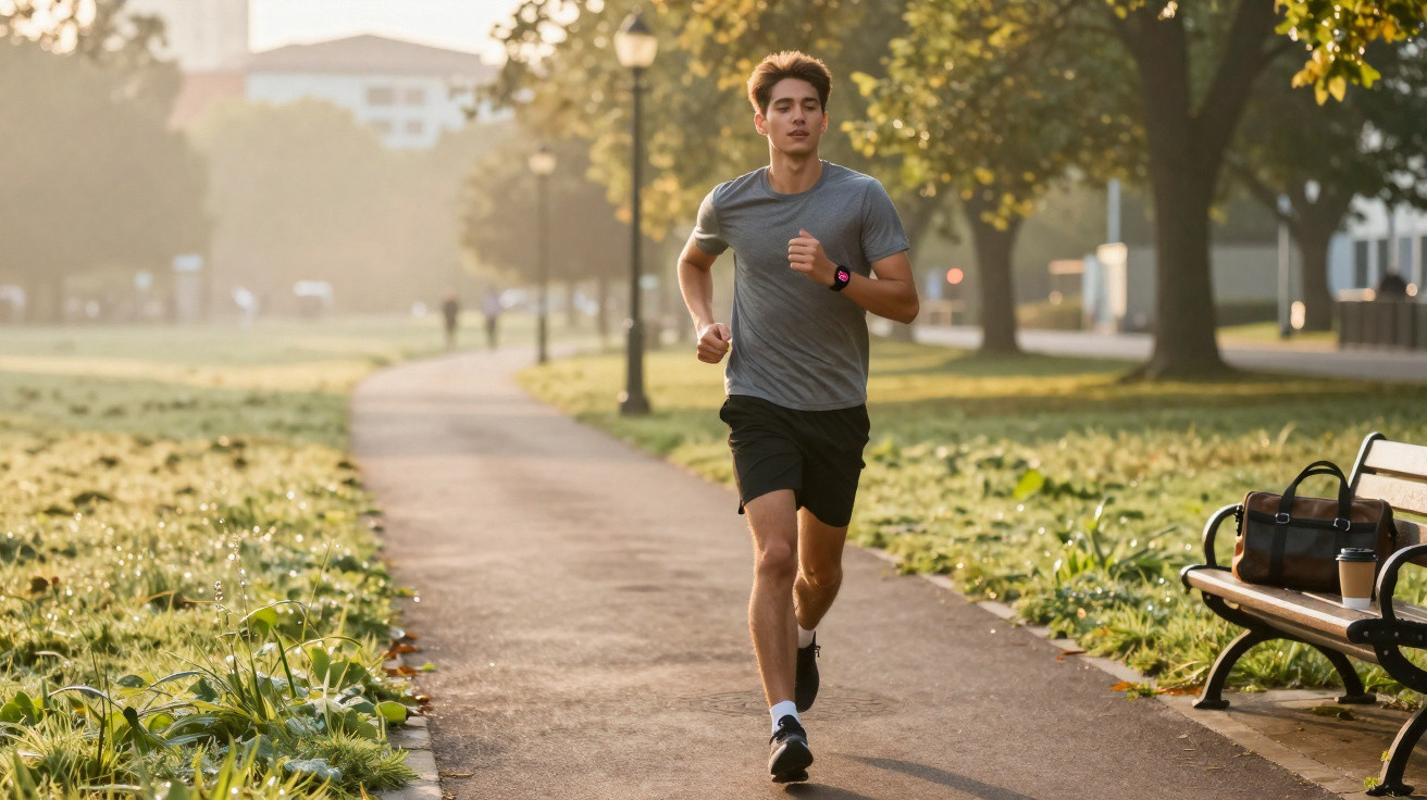 Young man jogging on a sunlit park path with greenery and a bench beside him in the morning.
