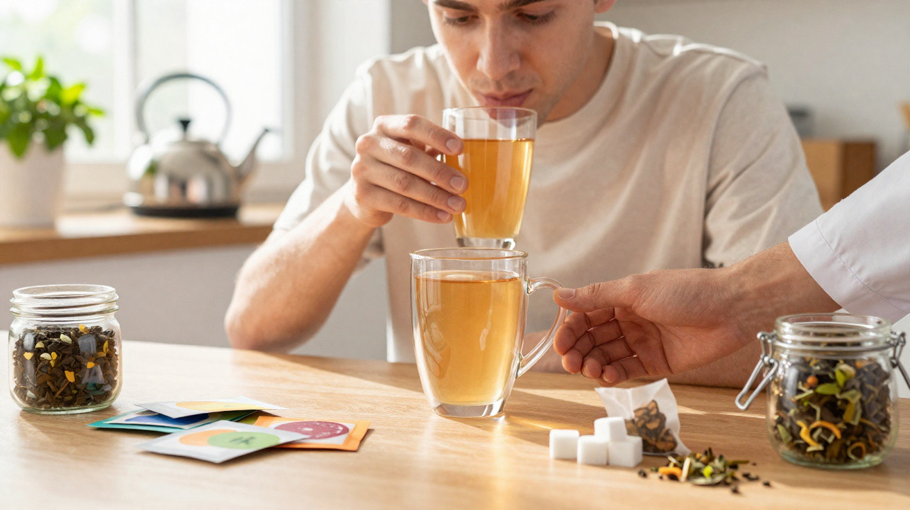 Man smelling a glass of tea with loose leaf tea jars, tea bags, and sugar cubes on the table.
