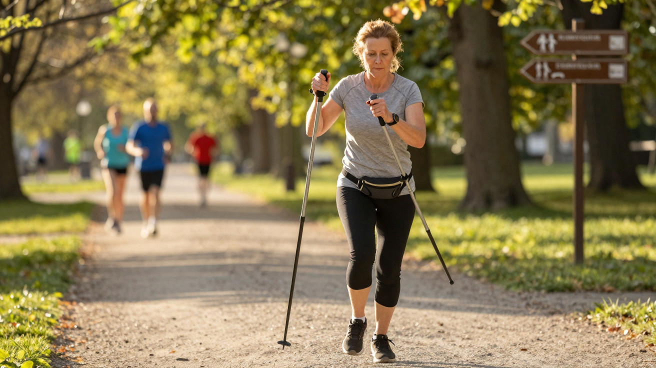 Woman walking with poles on a tree-lined path in a park while others walk and jog in the background.