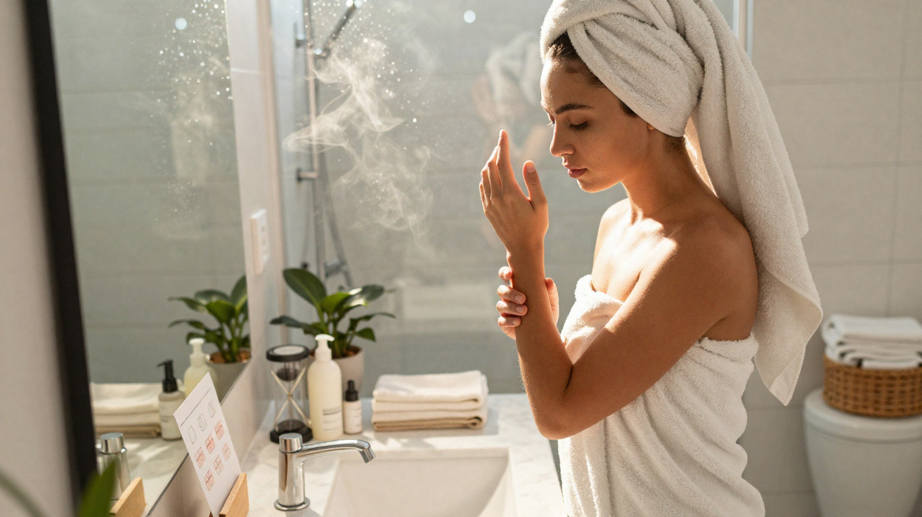 Woman in a towel and hair wrapped applying lotion in a sunlit bathroom with plants and towels nearby.