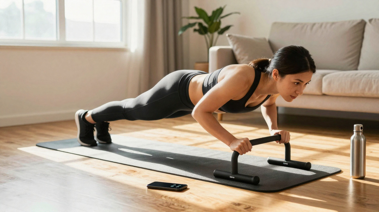 Woman doing push-ups on a yoga mat using push-up bars in a sunny living room.