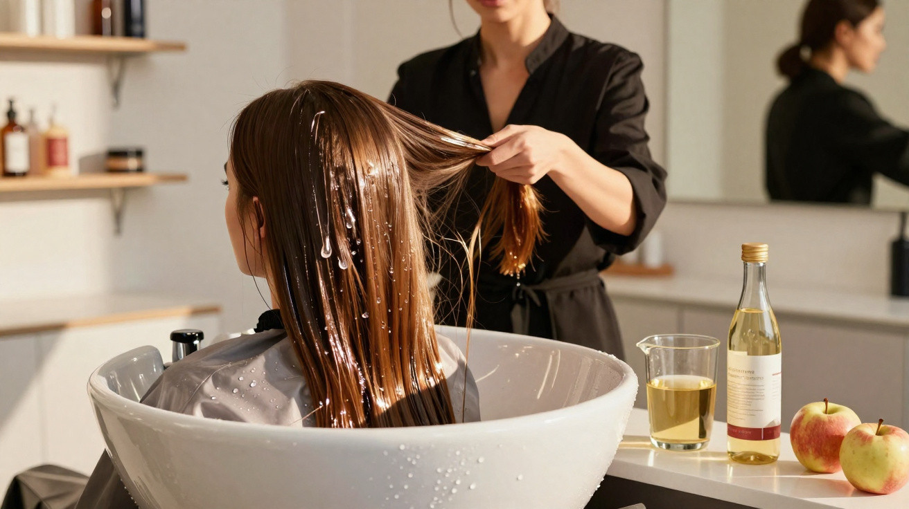 Woman having her hair washed at a salon washbasin, with apples and a bottle of hair product on the counter.