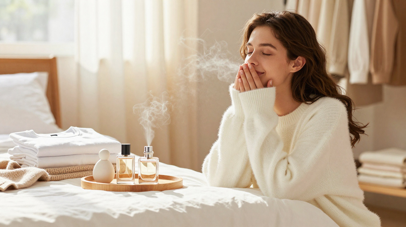 Woman in white sweater smelling fragrance from perfume bottles on a bed in a softly lit room.