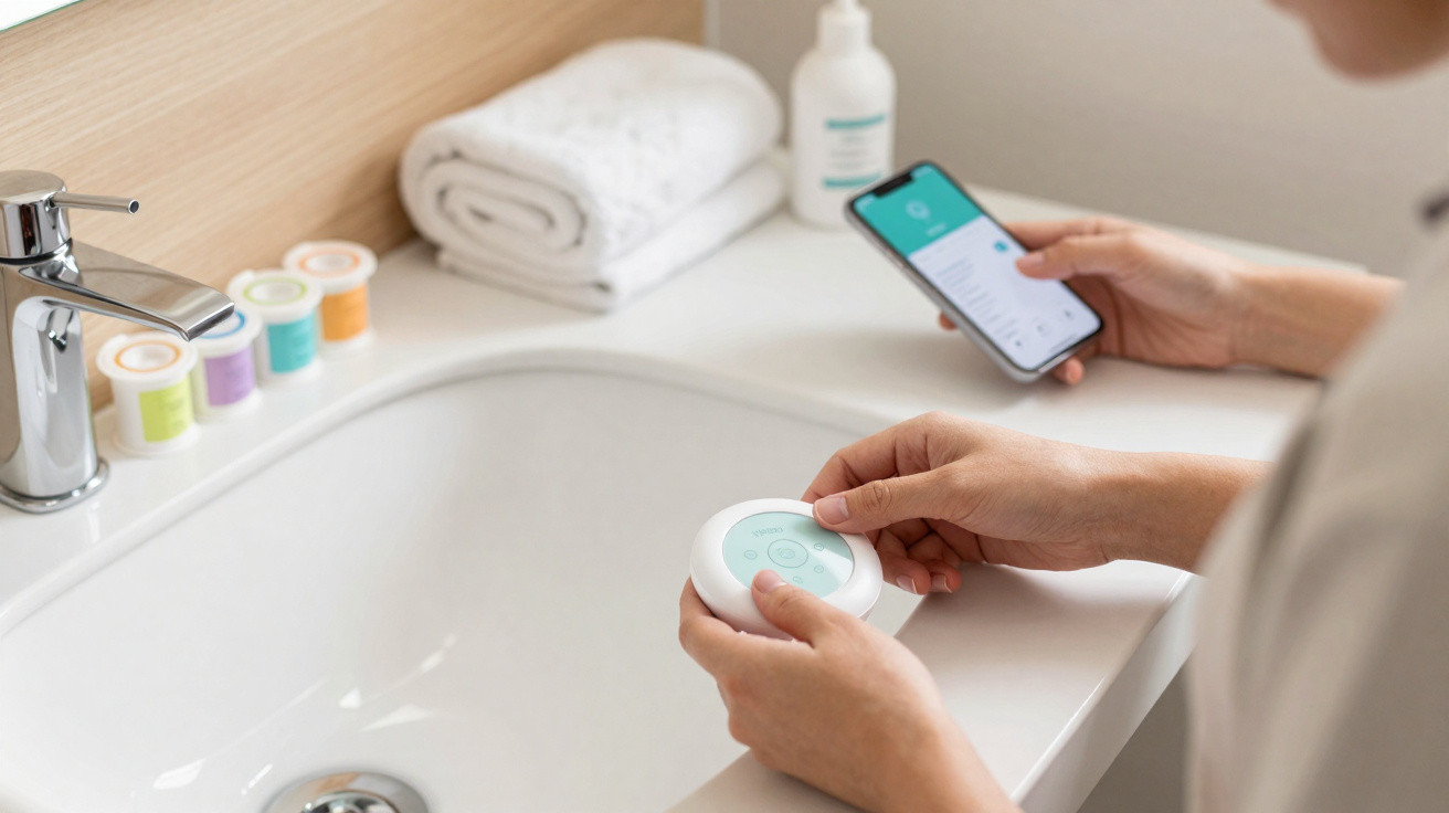 Person holding a smart skincare device near a bathroom sink while using a smartphone app.