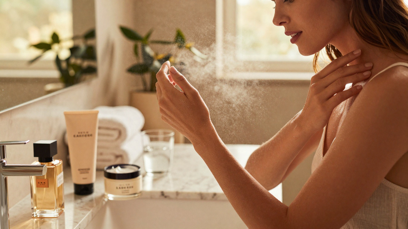 Woman spraying perfume on her neck in a sunlit bathroom with skincare products on the counter.