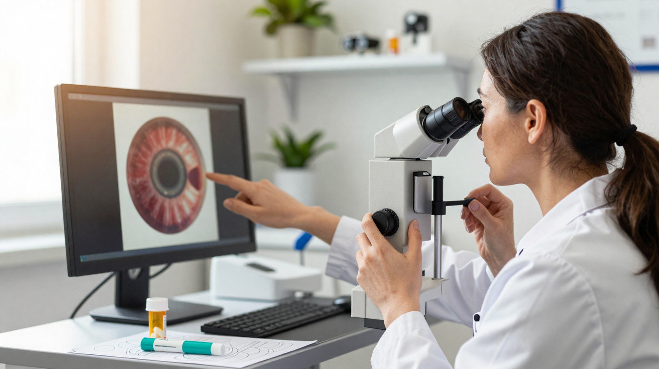 Female scientist examining eye tissue sample under microscope with eye image on computer screen nearby