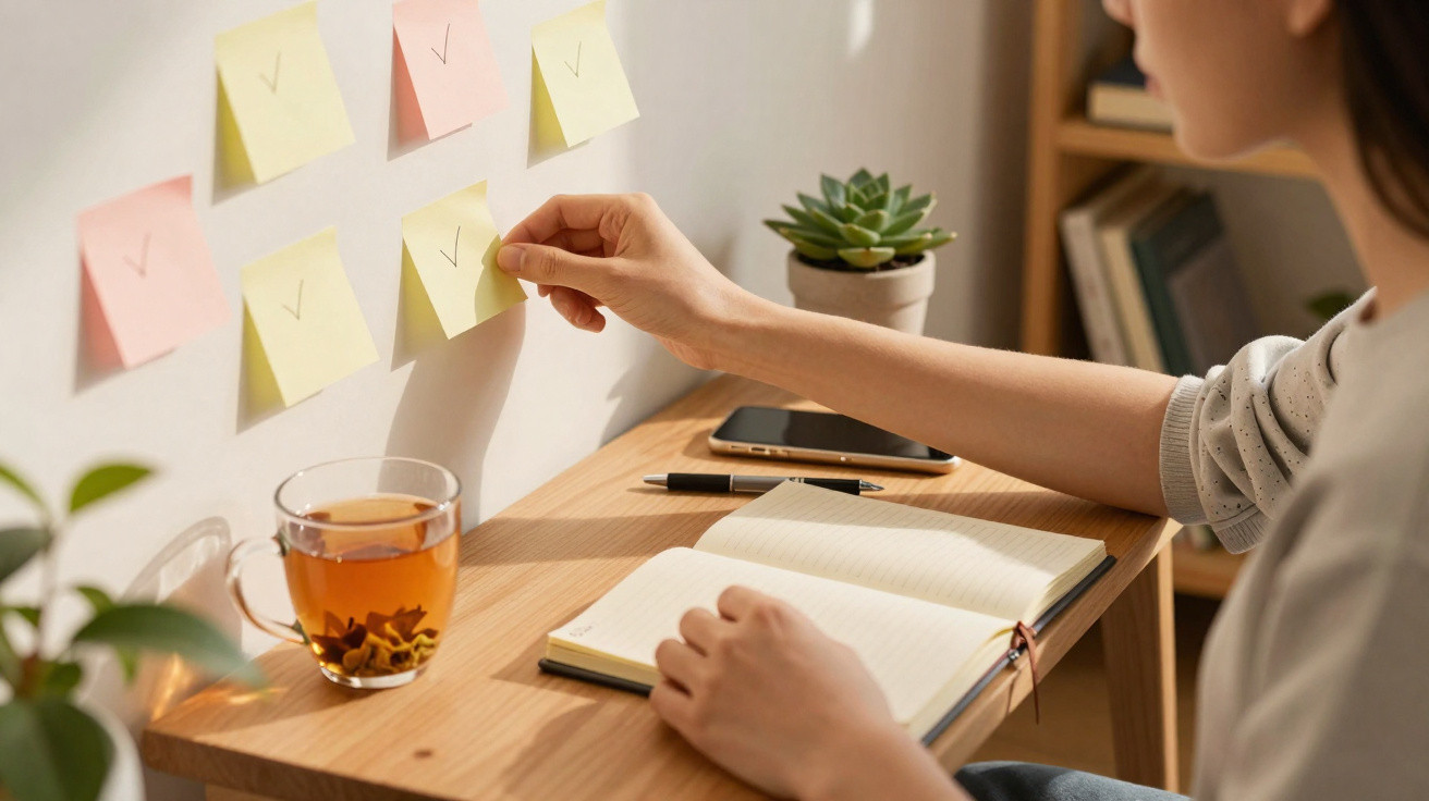Person placing a yellow sticky note with a checkmark on a wall beside a wooden desk with notebook and tea.