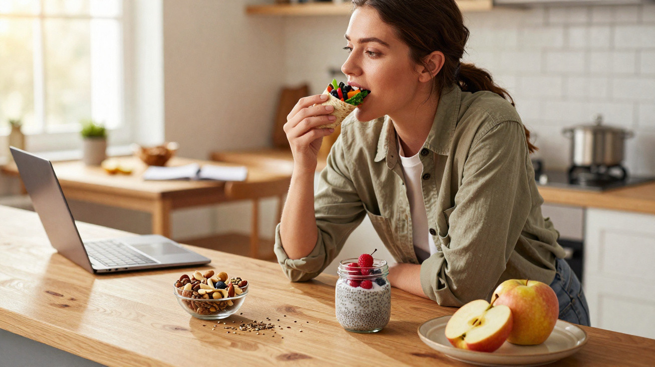 Woman eating a wrap with vegetables at a kitchen counter with a laptop, nuts, chia pudding, and apples nearby.