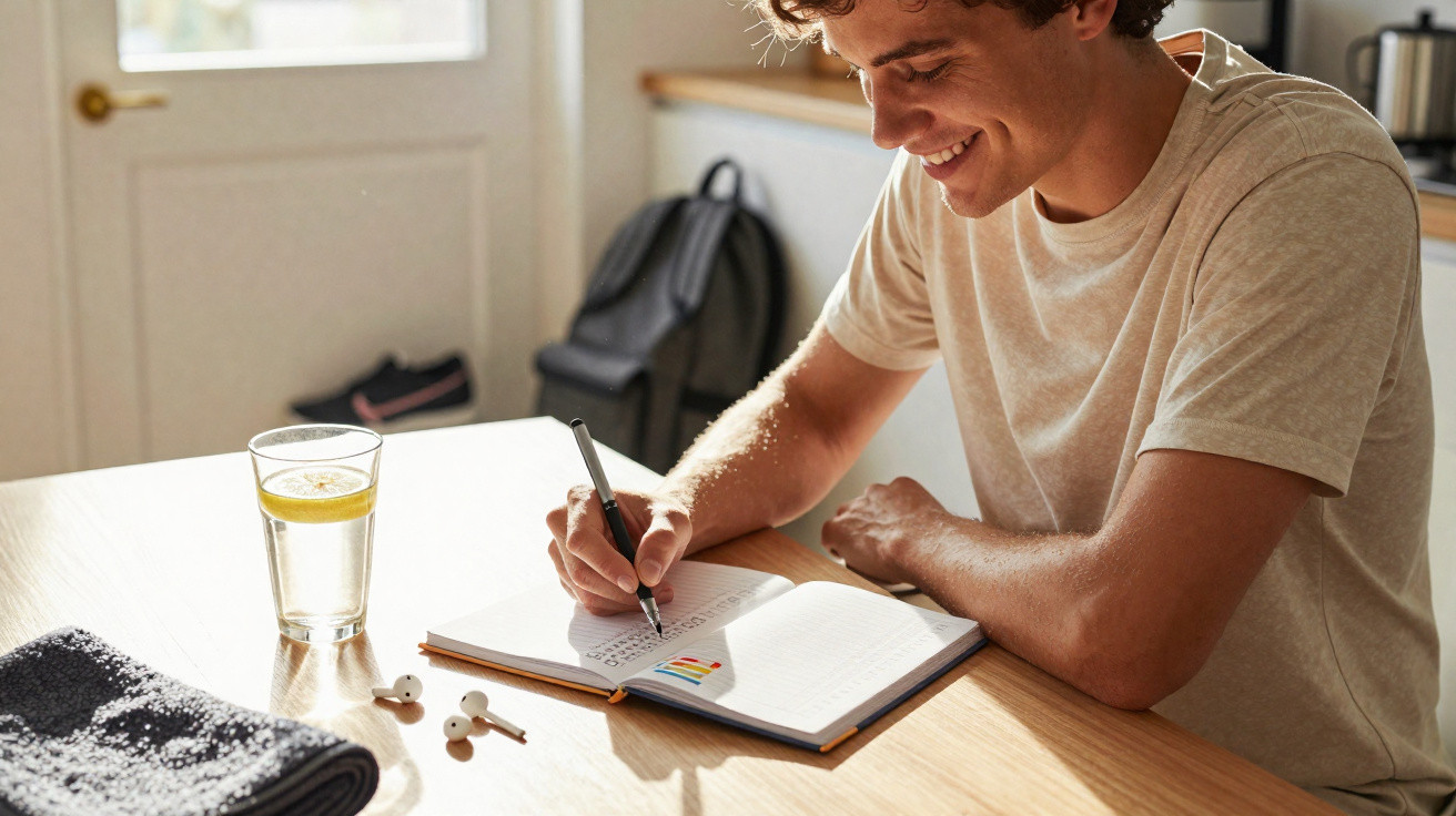 Young man writing in a notebook at a table with a glass of lemon water and wireless earbuds nearby.
