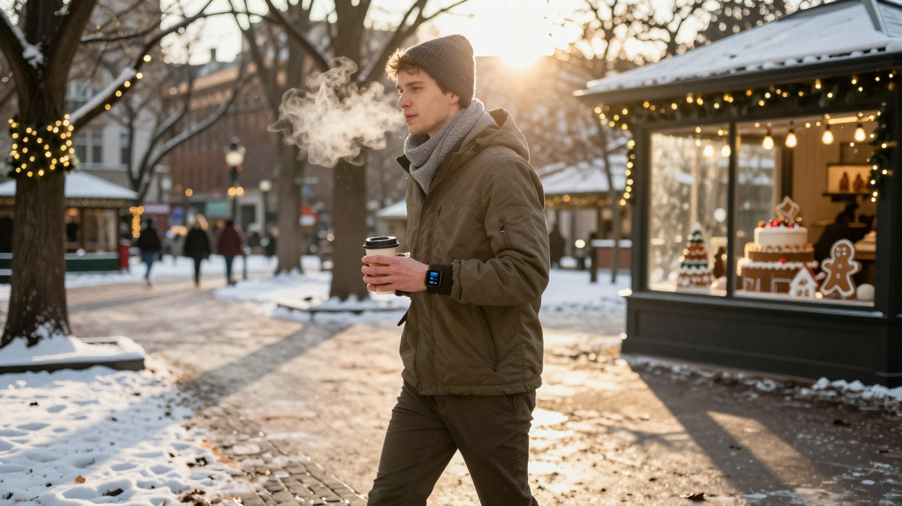 Young man in winter clothes walking with a hot drink in a snowy, festive town square at sunset.
