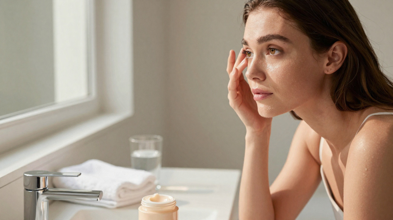 Young woman applying cream on her face in a bright bathroom by a window with a towel and glass of water nearby.
