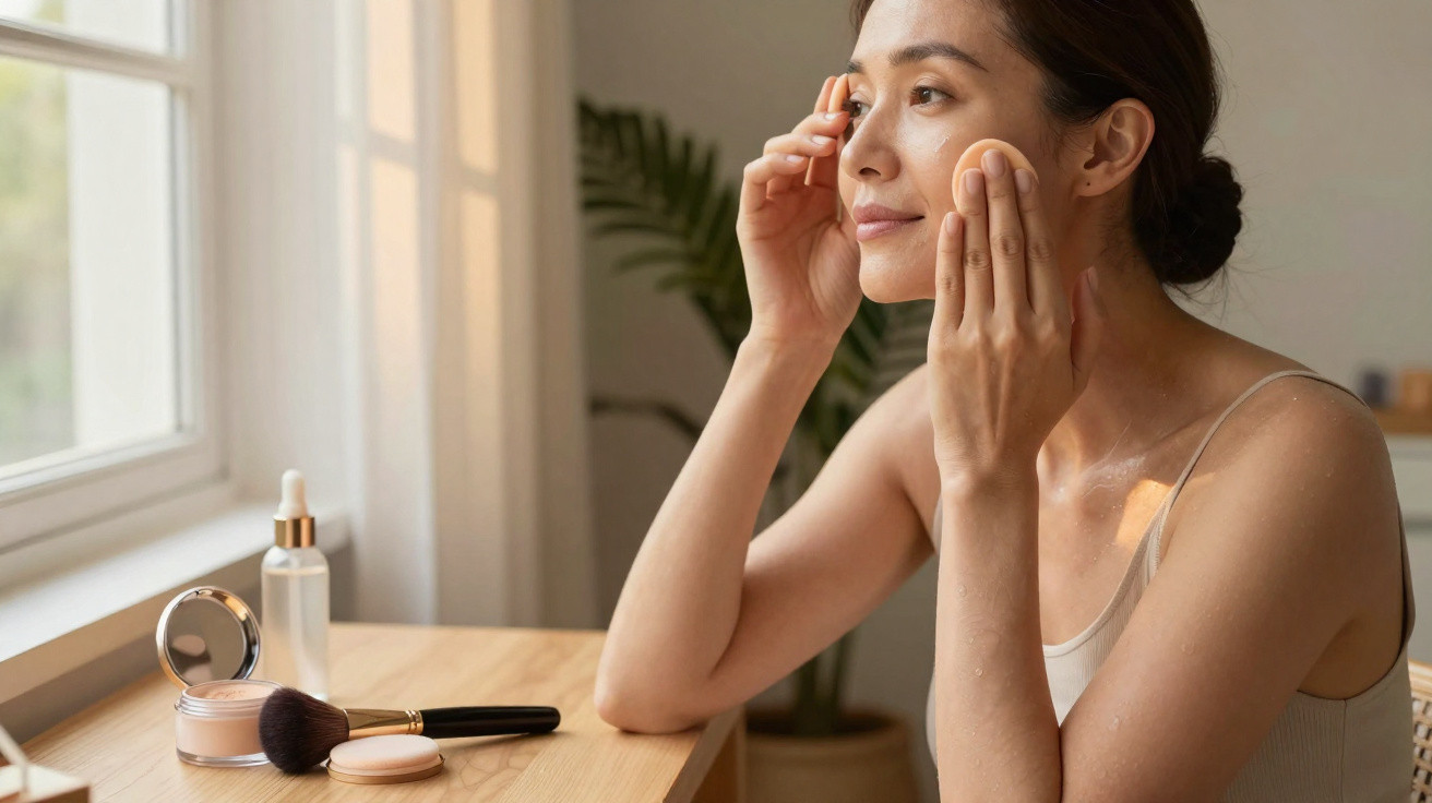 Woman applying makeup using a sponge while sitting at a wooden table near a window with natural light.