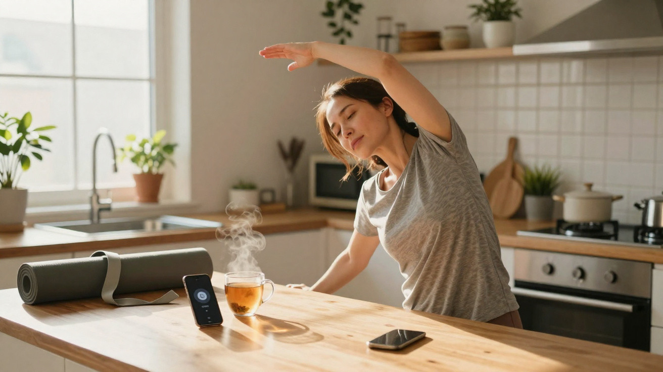 Woman stretching at kitchen counter with steaming mug, yoga mat, and phone in a sunlit room