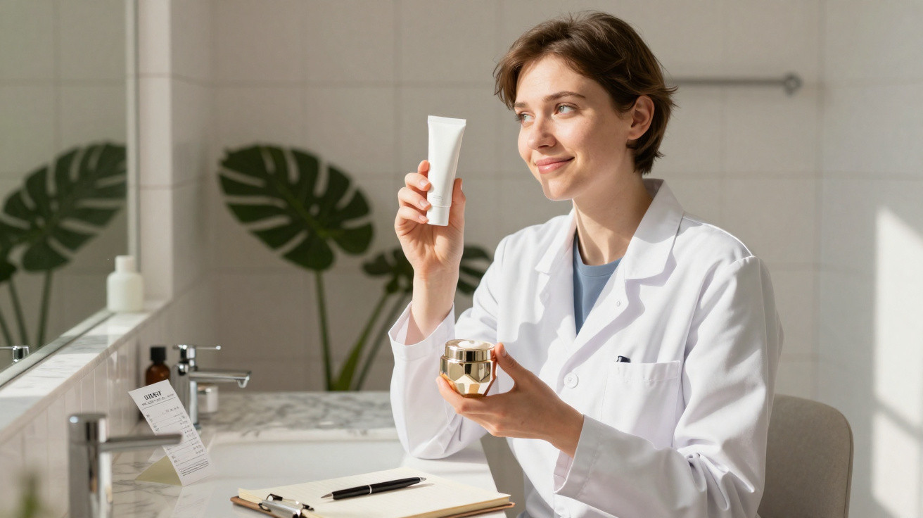 Female skincare specialist in a white coat holding cosmetic cream and lotion in a bright bathroom setting.