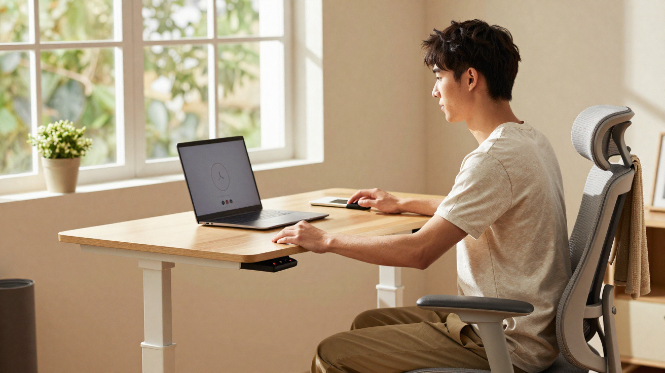 Young man sitting at adjustable wooden desk using laptop near window with plant on windowsill in home office.