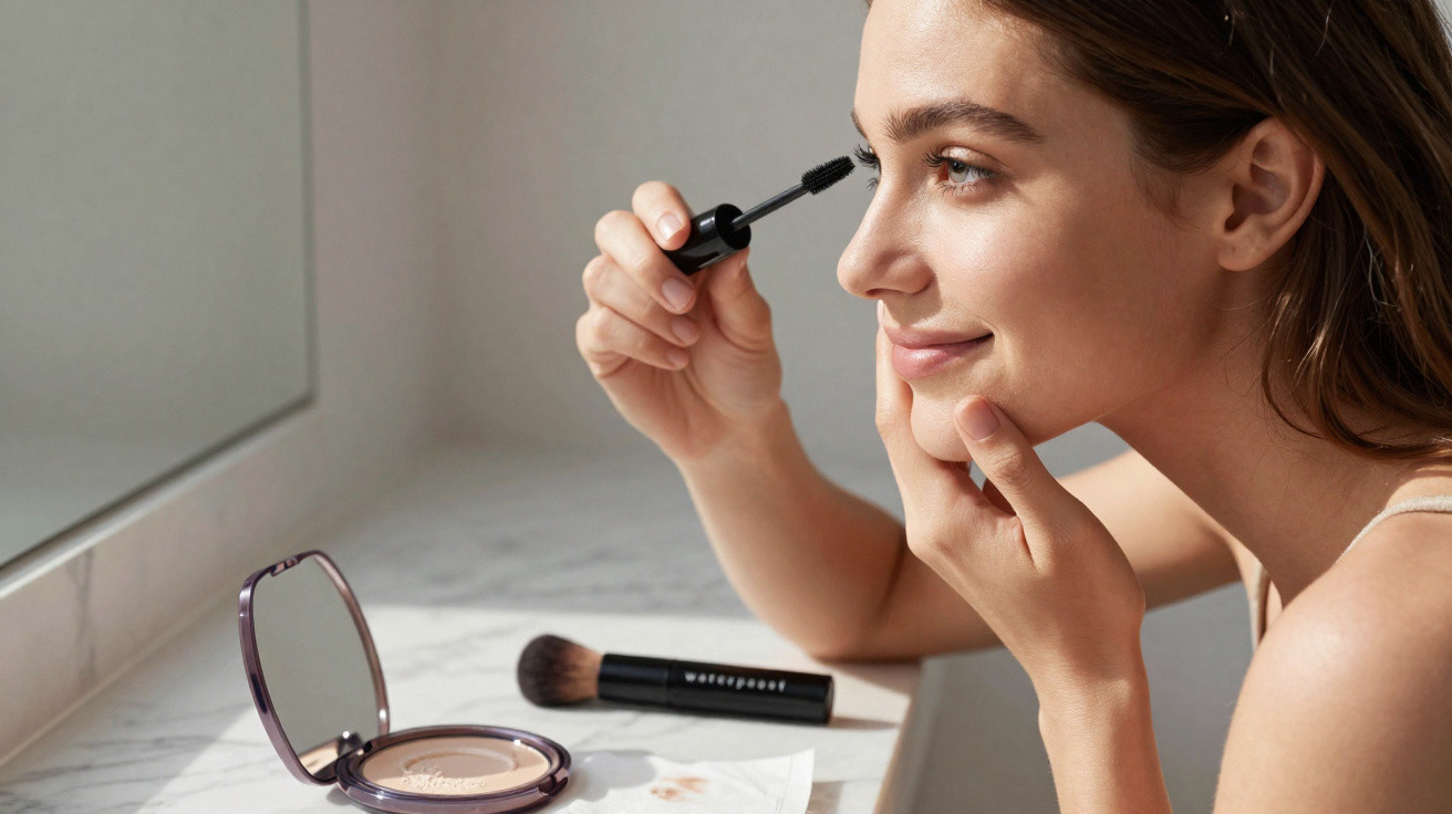 Young woman applying mascara while looking into a bathroom mirror with makeup products on the counter.