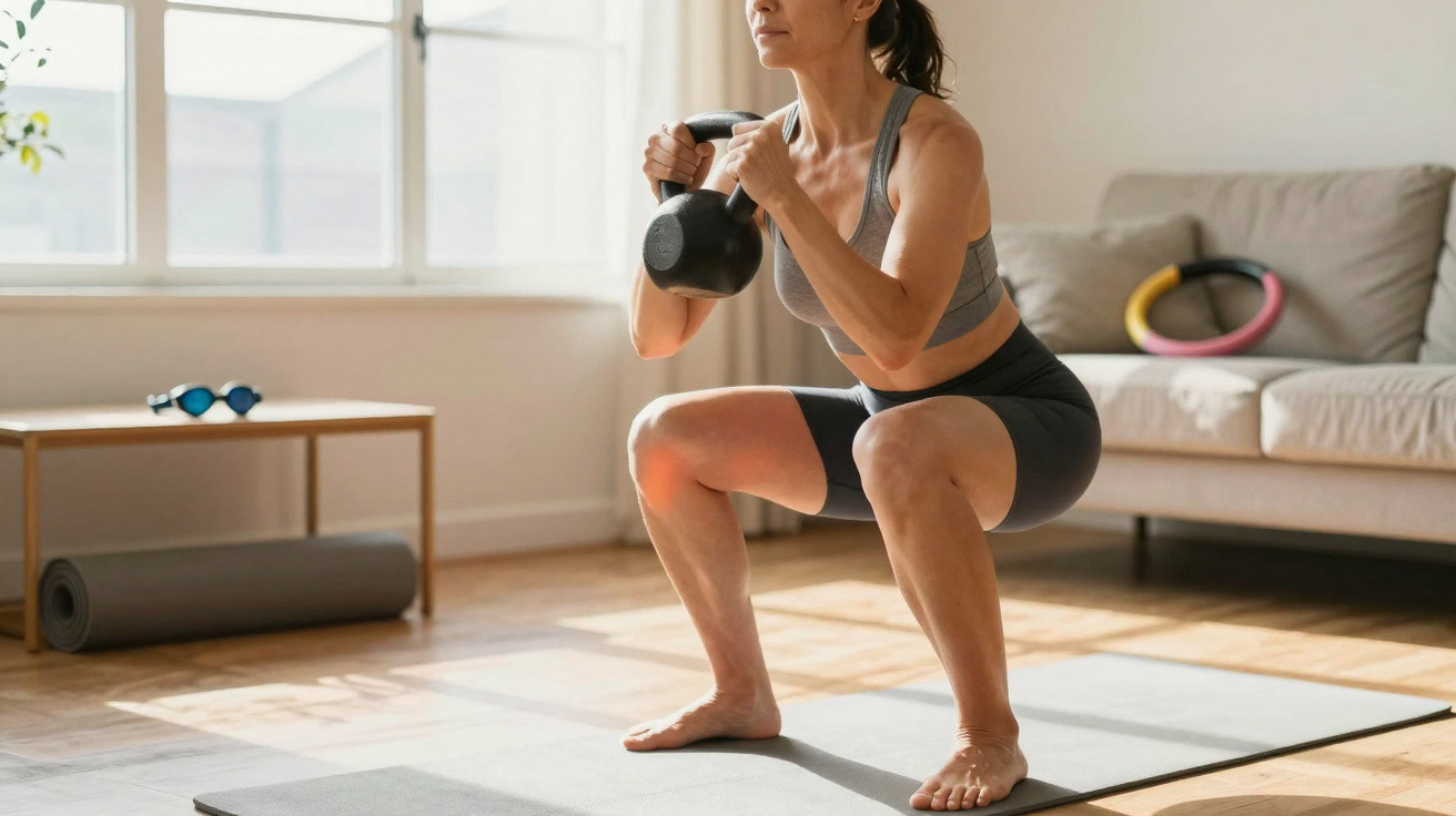 Woman doing kettlebell squats on a yoga mat in a bright living room with a sofa and window in the background.