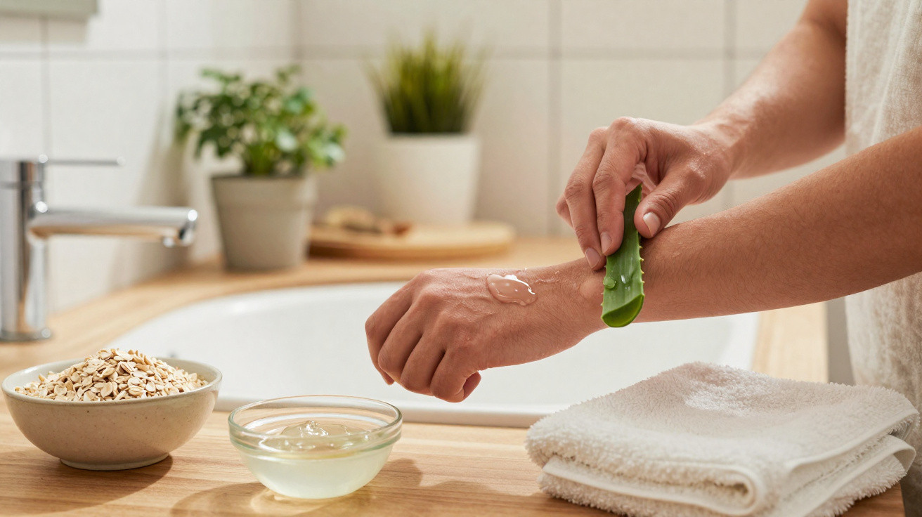 Person applying aloe vera gel on wrist with oats and aloe gel bowls on bathroom counter with white towel