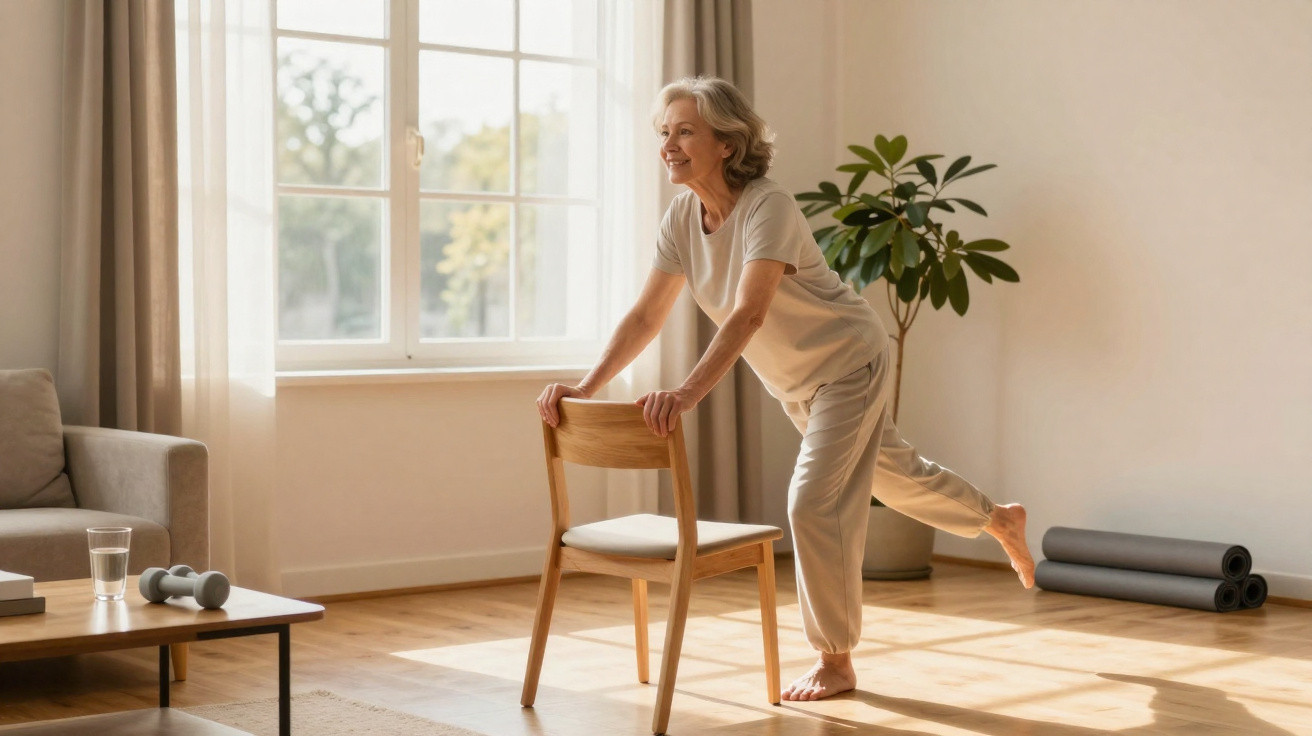 Older woman stretching leg using chair for balance in a sunny, minimalist living room.